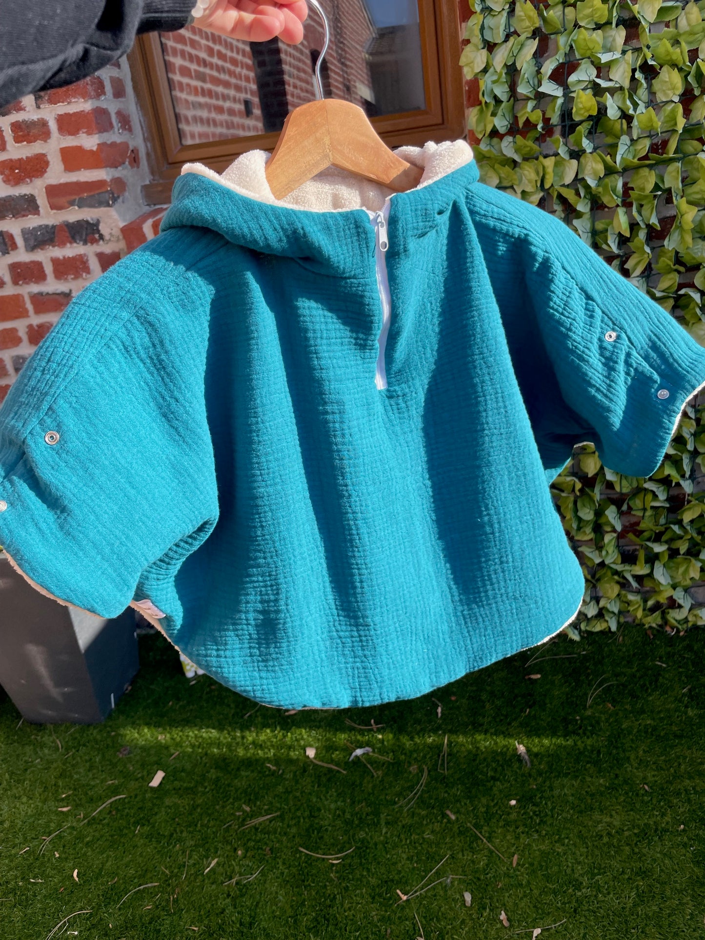 Poncho gaze de coton Bleu avec capuche