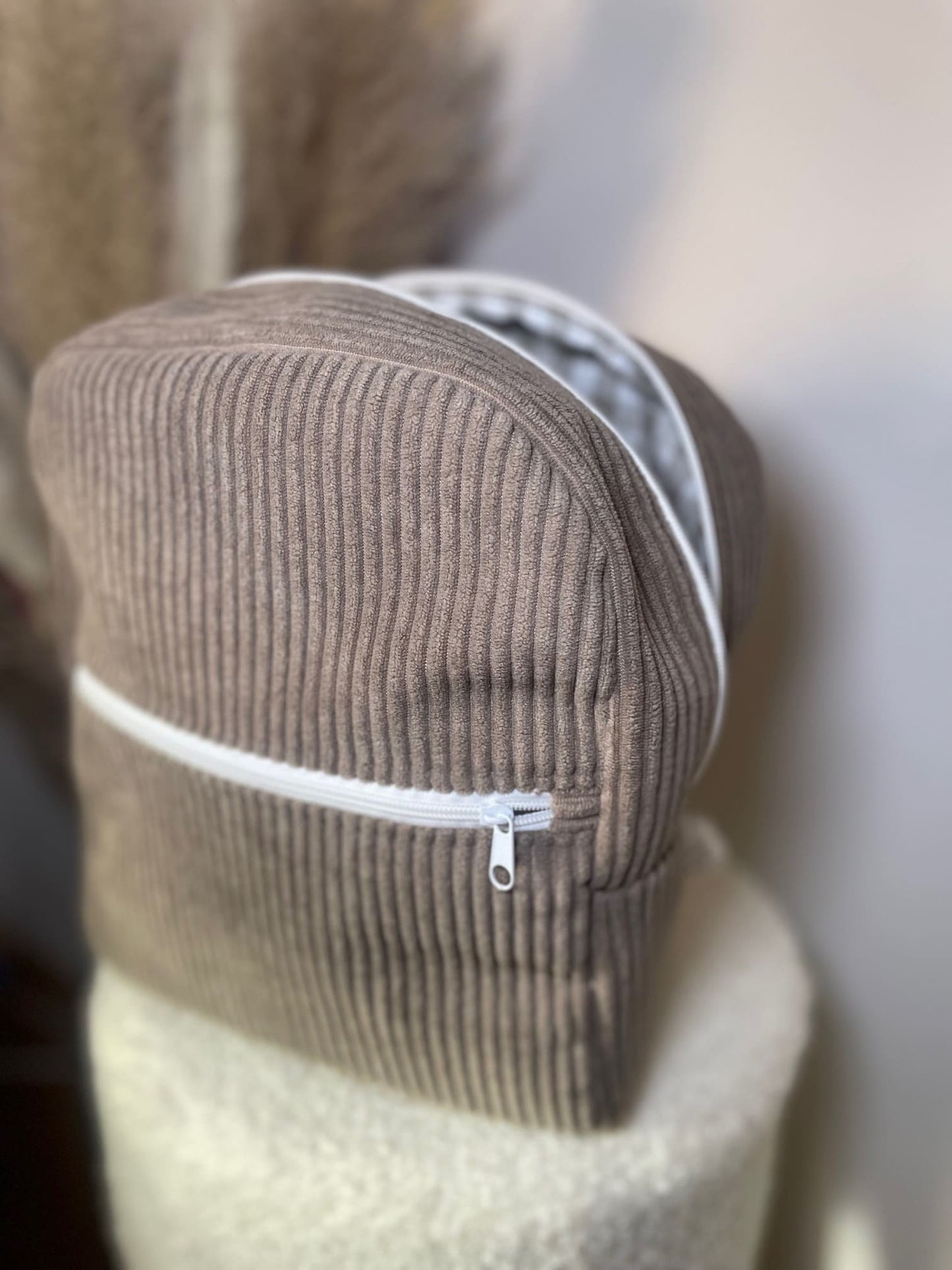 sac velour cotele taupe et vichy