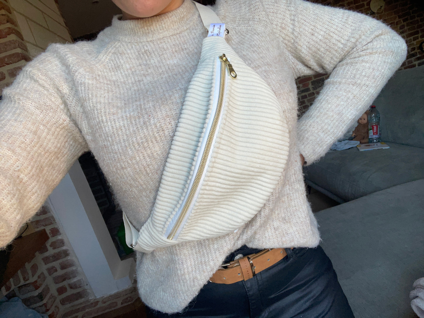 sac banane velour cotelé ecru interieur vichy