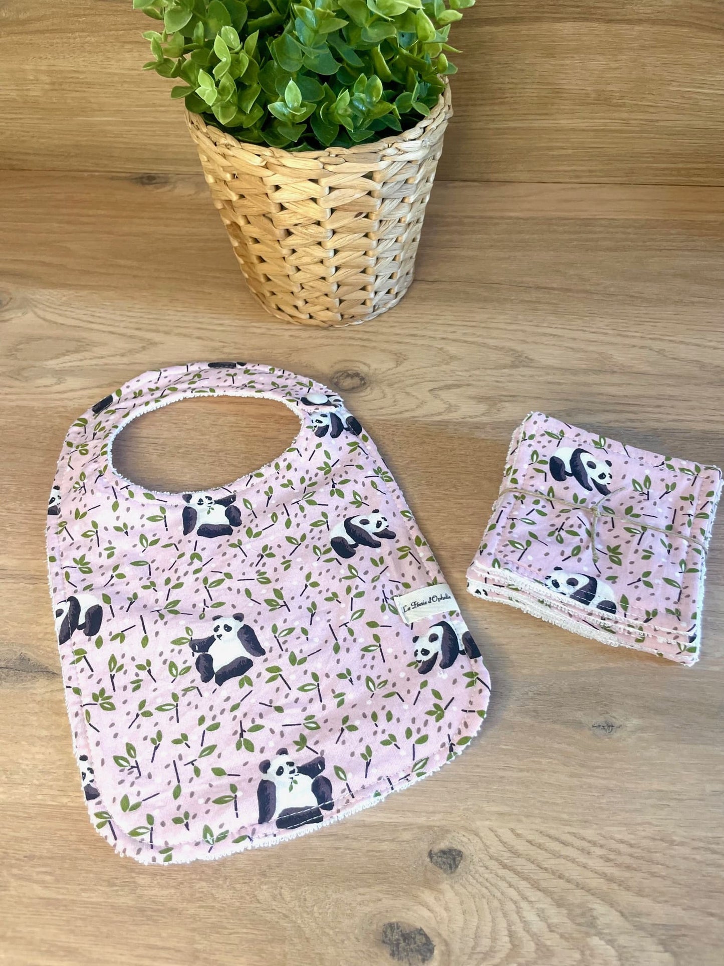 Duo bavoir et coton Panda rose