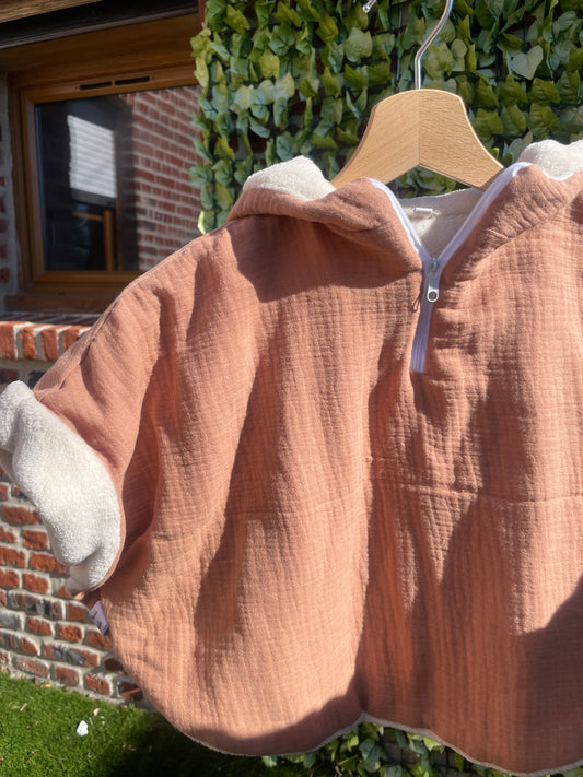 poncho gaze de coton marron interieur polaire 