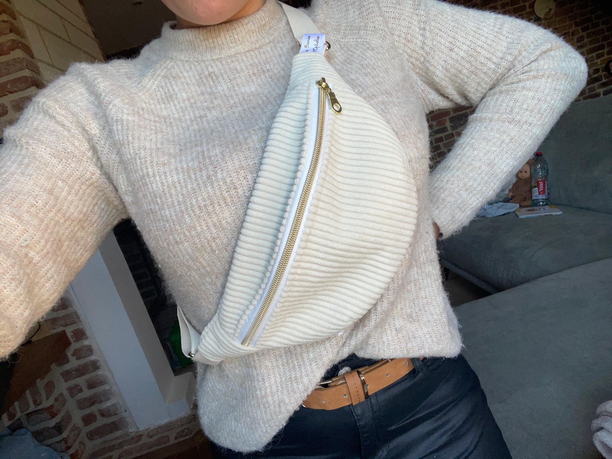 sac banane velour cotelé ecru interieur vichy